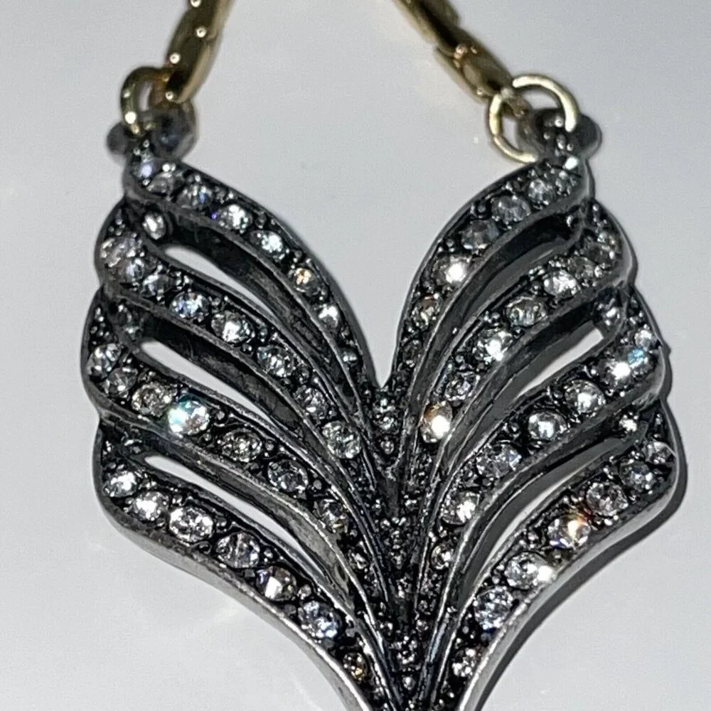 Feather Earrings Silver & Gold Tone Crystal Long Drop Statement Signed ls A246‎